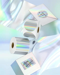 Holographic thermal labels with rainbow finish for gift packaging and envelope sealing