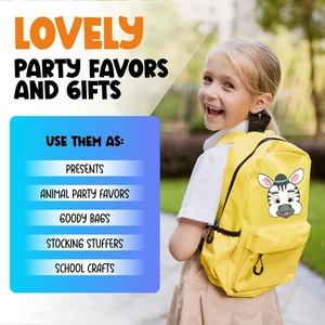 Girl wearing yellow school backpack with cute cartoon zebra and party favors text