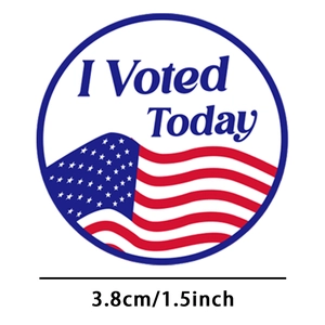 Detail view of 1.5 inch American flag I Voted Today stickers with diameter measurement