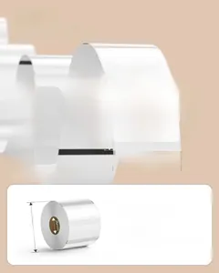 Detail of 2-inch transparent thermal round labels showing 500 stickers per roll capacity