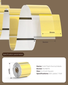 Detailed dimensions of gold glitter thermal labels showing core size and roll width