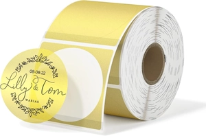 Detail of round gold thermal adhesive roll with custom floral wedding stickers