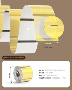 Macro view of 2x2 inch gold flash thermal label roll with detailed size specifications
