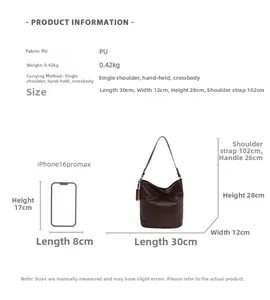 Detailed size chart for the PU woven tote bag showing dimensions and phone compatibility