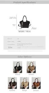 Detailed size chart and specifications for the fashion PU leather bucket handbag