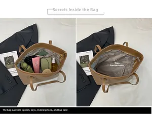 Internal view of a caramel leather tote bag showing large capacity for daily essentials