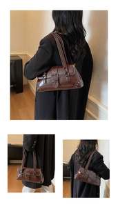 Three-way view of a vintage dark brown glossy shoulder bag with metal rivet buckle details