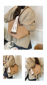 Detail of vintage woven tote bag with brown leather trim and stylish white logo ribbon