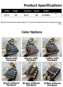 Detailed spec chart of PU quilted handbag with dimensions and multiple color options