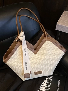 Vintage Large Capacity Woven PU Leather Tote Bag For Women Unique V-Shaped Opening Shoulder Bag With Decorative Ribbon Handbag