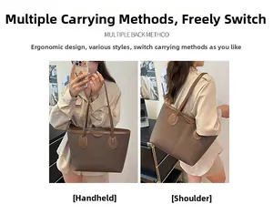Brown frosted leather tote bag shown in handheld and shoulder carry styles for commute