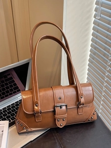 Vintage Underarm Bag Women Belt Buckle Rivet PU Leather Shoulder Bag Solid Color Y2K Fashion Streetwear Handbag