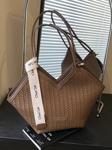 Brown woven tote bag with V-cut design and printed ribbon for professional office look