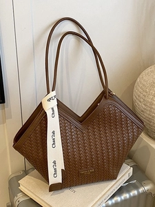 Vintage large capacity brown woven tote bag with slim straps and chic ribbon detail