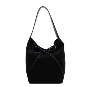 Fashionable black matte nylon shoulder bag with a bow detail and wide base design