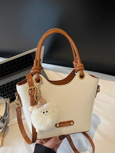 Women Pleated PU Leather Bucket Bag Pleat Wrinkled Texture Crossbody Handbag With Plush Charm Casual Shoulder Bag For Office