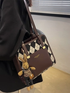Vintage houndstooth pattern tote bag with leather trim and cute rabbit charm