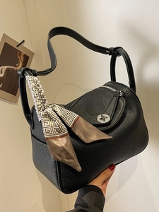 Black litchi grain leather Boston bag with decorative scarf and silver hardware