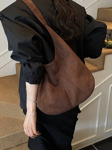 Vintage brown suede canvas tote bag for women with large capacity shoulder strap