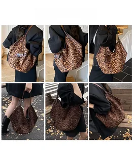 Detailed views of a large leopard print tote bag styled with casual autumn fashion