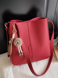 Women Fashion Large Capacity PU Leather Bucket Bag Lychee Pattern Stitching Shoulder Crossbody Bag With Plush Pendant