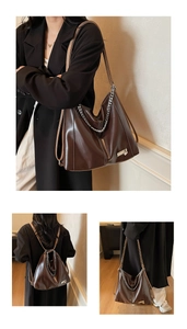 Vues détaillées du cabas en cuir PU marron foncé avec chaîne argentée et logo cœur