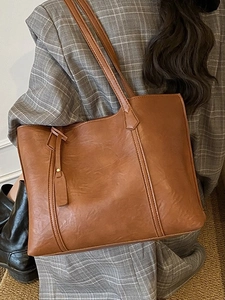 Sac Tote Vintage Grande Capacité pour Femmes Cuir PU Couleur Unie Design Surpiqûres Décontracté Navette Sac à Épaule Main