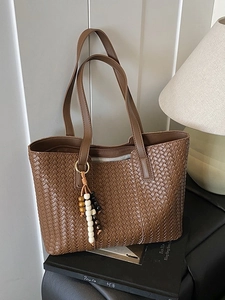Vintage large capacity woven tote bag in dark brown with ethnic beaded tassel charm