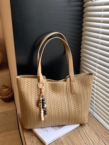 Vintage woven tote bag in khaki leather with beaded charm for women daily commute use