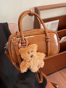 Retro Glossy PU Leather Boston Bag Women Bear Pendant Korean Style Shoulder Crossbody Bag Fashion Handbag Daily Commute