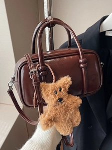 Vintage dark brown oil wax leather bowling bag with cute plush bear charm for women