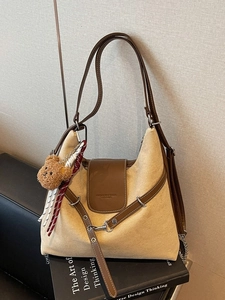 Large Capacity Suede Patchwork Tote Bag For Women Retro Preppy Style Shoulder Bag With Bear Keychain Underarm Bag Messenger