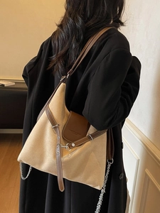 Large stitching tote bag in apricot and brown with chain straps for women