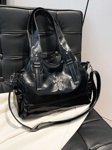 Vintage large capacity black glossy tote bag with silver cross charm and shoulder strap