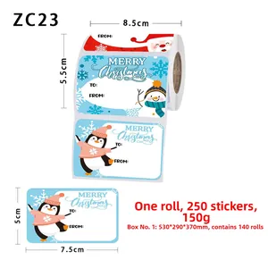 Macro view of Christmas gift stickers showing Santa and snowman with To and From fields
