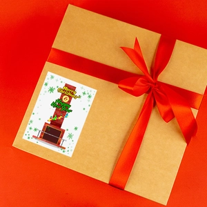 Christmas gift box with red ribbon and Merry Christmas adhesive label on red background
