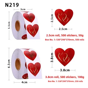Detail view of heart stickers in 25mm and 38mm sizes showing roll dimensions and labels