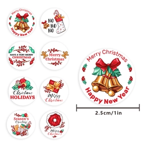Roll of 1 inch round Merry Christmas stickers with various festive holiday patterns