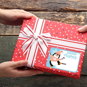 Christmas gift labels with cute penguin and Merry Christmas text on a red gift box