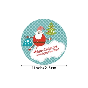 Close-up of a 1-inch round Christmas sticker with green plaid, Santa and tree