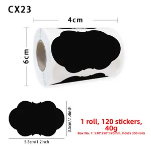 Detail of 120 waterproof chalkboard labels per roll measuring 5.5cm x 3.5cm each