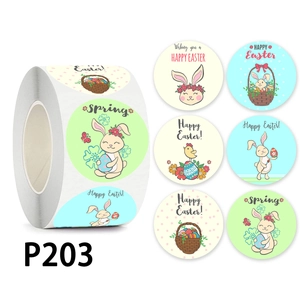 Detail of Easter stickers roll featuring cute bunnies and colorful egg designs for decoration