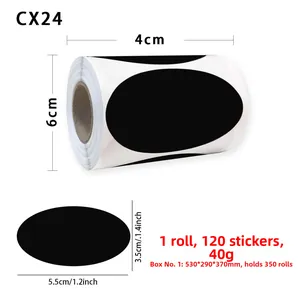 Detail of waterproof chalkboard stickers showing 5.5x3.5cm dimensions on a roll