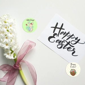 Cartoon Easter bunny and egg decorative stickers roll on white floral background