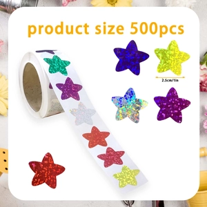 Macro shot of 2.5cm holographic star stickers in multi-color roll with 500 pieces
