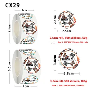 Detail view of 2.5cm and 3.8cm round butterfly floral thank you stickers with dimensions