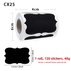 Macro detail of waterproof black chalkboard label roll showing 120 stickers and dimensions