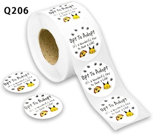 Detail of round pet stickers with 'Opt To Adopt' text and colorful cartoon animal patterns