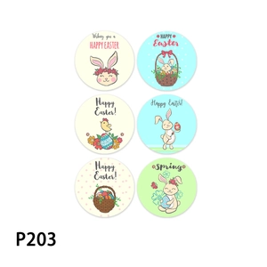 Detail of 6 Easter sticker designs featuring cartoon rabbits, eggs, and Happy Easter text