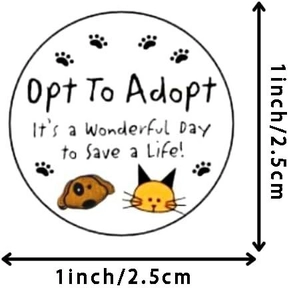 1-inch Opt To Adopt round stickers with hand-drawn pet faces and animal rescue slogans